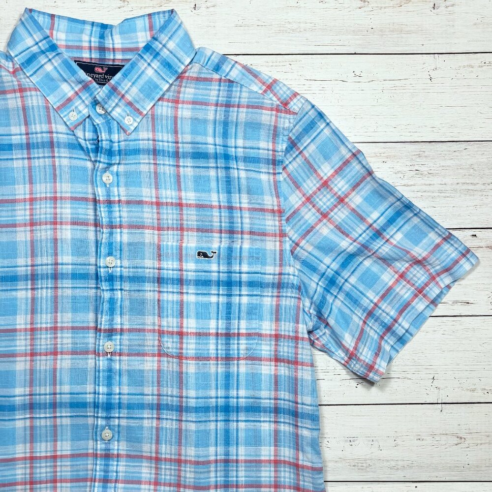 Vineyard Vines Short Sleeve Tucker Shirt - Blue, White, Red Strip - Medium